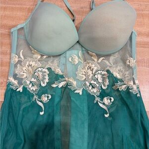 La Perla Sheer Lace & Mesh Chemise in Teal Green
